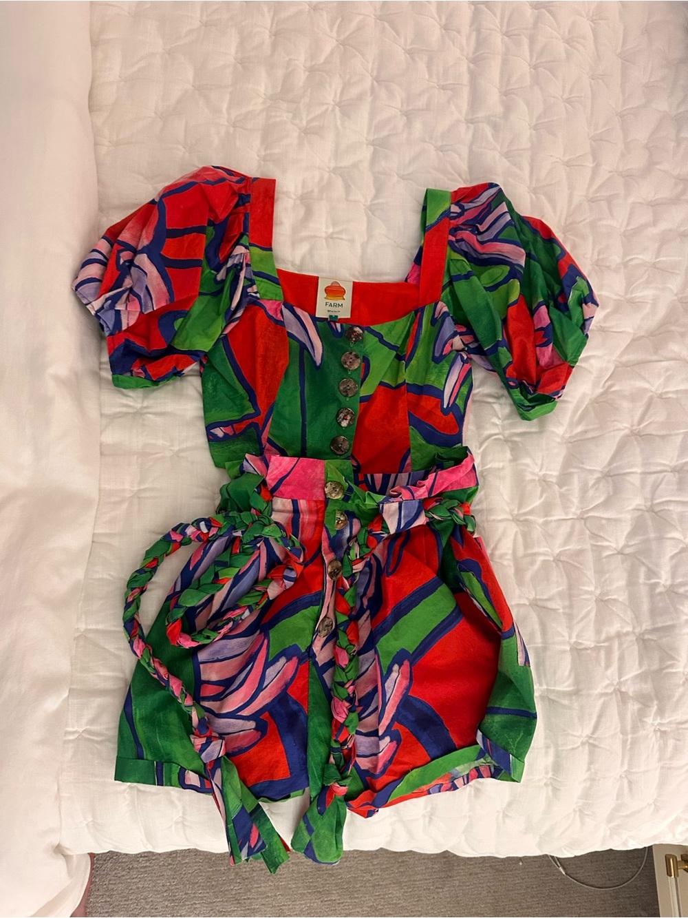 FARM Rio Vibrant Puff-Sleeve Crop Top & Short Set in Green, Red & Pink